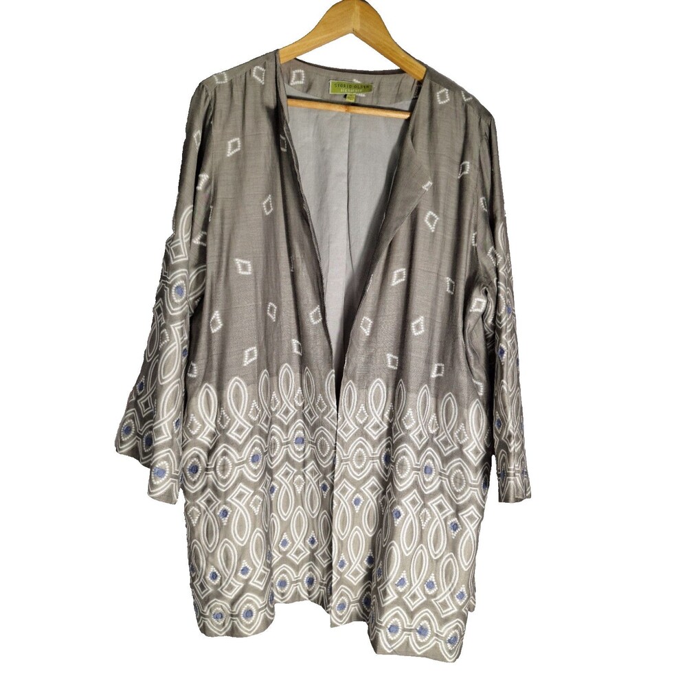 SIGRID OLSEN SIGNATURE Silk Blend Embroidered Long Open Jacket Sz XL Gray Career